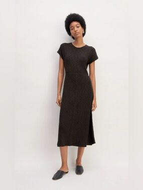 New Everlane THE RIB-KNIT CAP-SLEEVE MIDI DRESS in Black Size L